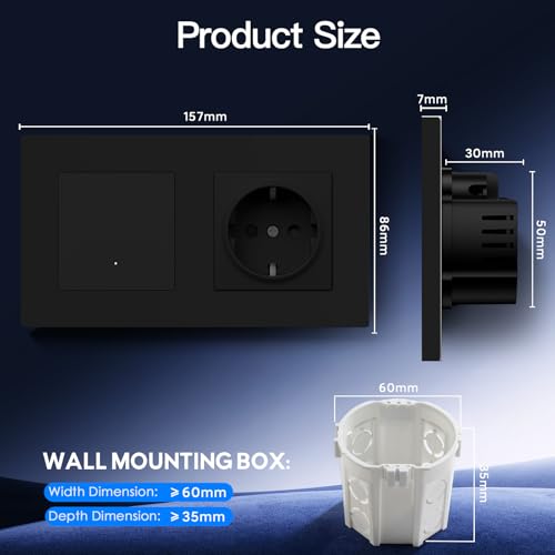 BSEED Smart Zigbee Schalter mit Normal Steckdose, Smart Lichtschalter mit Steckklemme, Funktioniert mit Alexa & Google Home, PC Rahmen, Zigbee Hub & Neutralleiter Erforderlich, 1 Fach 1 Weg, Schwarz