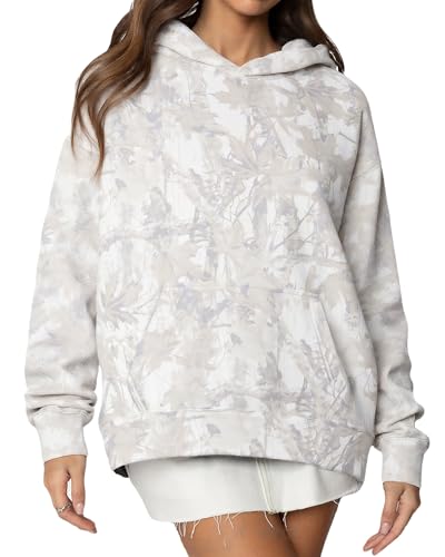 Anoumcy Oversized Light Camo Hoodie Womens Maple Leaf Print Hooded Sweatshirt Fleece Camouflage Hoodies For Women Trendy Grey M