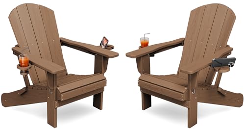 KINGYES Folding Adirondack Chair Set of 2, Dual Cup Holders & All-Weather HDPE, Wood-Like Patio Chair for Backyard, Camping, Poo & Fire Pit, Brown