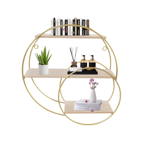 QUIOTUIR Étagères Murales à 3 Niveaux Ronde Doré Présentoir de Rangement Charge Capacité 5kg Étagère de Rangement pour Salons, Chambres, Cuisines,...