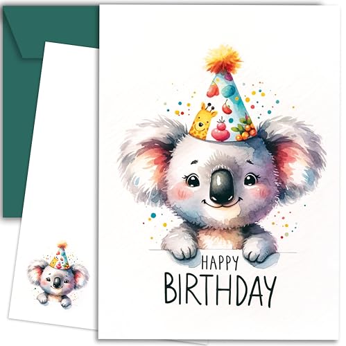 E&G Klasse Carte d'anniversaire aquarelle animale avec enveloppe verte - Carte de félicitations - Carte postale avec les jolies bêtes et le texte Happy...