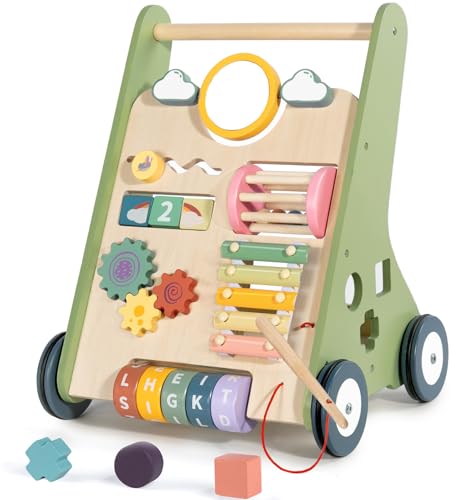 LOL-FUN Wooden Baby Walker 1 2 Year Old Boys Girls Toddler Push Along Walkers Toy Learning Activity Center Age 12 Months Gift