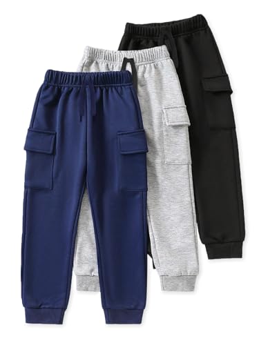 Image of Trampoline Kids Cotton Cargo Joggers Pack of 3 | Soft Knitted Pants for Boys & Girls | Solid Colors with Side & Cargo Pockets | Ribbed Cuffs & Drawstring Waistband | Everyday Bottoms