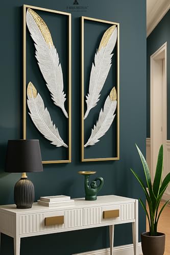 Image of F-RIQA METALS Feather Metal Wall Art Set of 2 | Premium Gold & White Modern Wall Decor | Handcrafted Iron Wall Hanging for Living Room, Bedroom & Office | 36 x 13 Inches Luxury Wall Hanging Decoration for Living Room, Bedroom, Hallway & Office (Baroque)