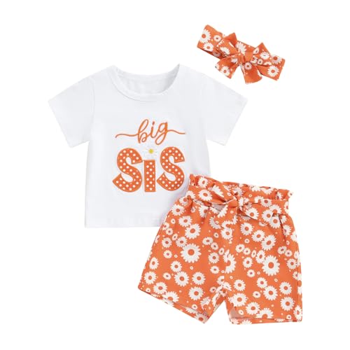Bonangber Big Sister Little Sister Matching Outfits Big Sister Shirt Floral Shorts Headband 3Pcs Infant Summer Clothes(A-White Big Sis,12-18 Months)