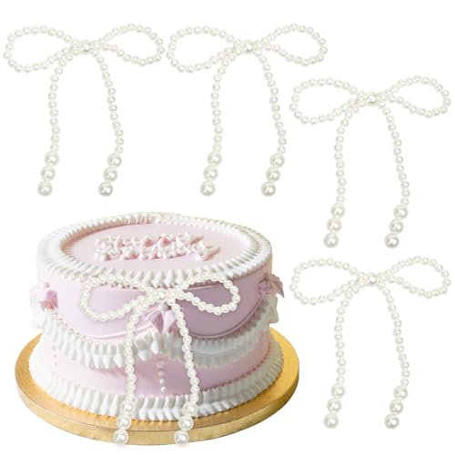 12Pcs Pearl Bow Cake Topper Bow Dots Cake Decorations Bowknot Pearl Bows Cupcake Toppers for Valentines Day Themed Birthday Party Decorations Wedding Party Cake Decoration Supplies