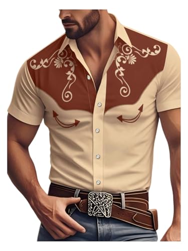 Men's Vintage Western Cowboy Shirt Graphic Country Shirts Short Sleeve Retro 70s Hippie Top Cowboys Costume3