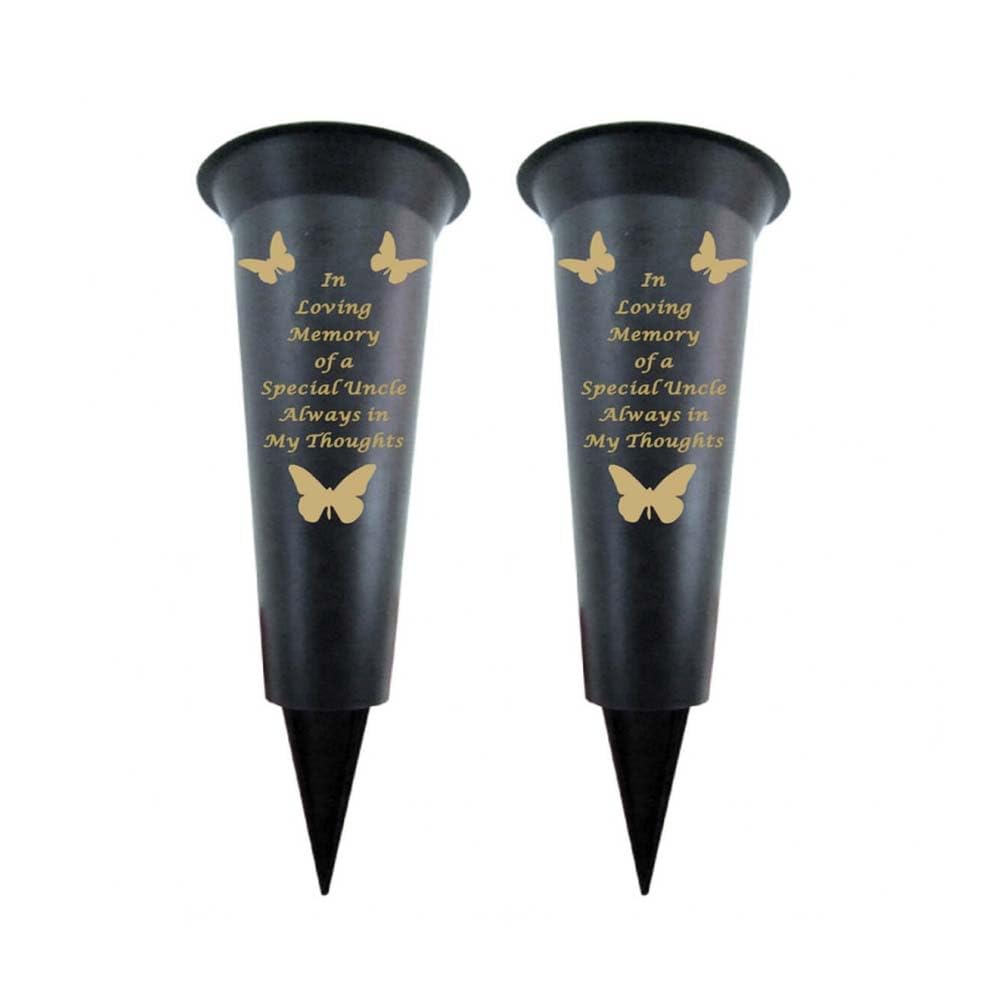 Memorial Grave Vases Ornaments Black Plastic Flower Holders - Butterfly Spike Grave Flower Vases with Funeral Verses for Your Loved Ones - Pack of 2 (Uncle - Pack of 2)