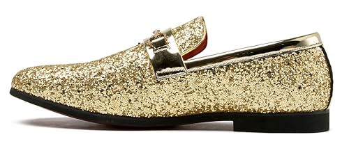 Image of Men Loafer Metallic Textured Slip-on Glitter Sequins Fashion Wedding Dress Shoes Golden