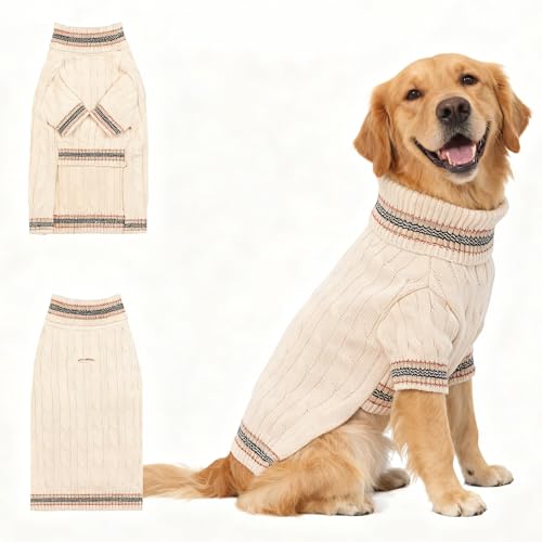 Image of Small /Medium Dog Sweater, Warm Dog Winter Coat w /Sleeves, Comfortable High Neck & Leash Hole, Premium Dog Clothes for Golden Retriever-Best for Holidays, Daily Walks XXL White