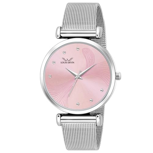 Image of LOUIS DEVIN Mesh-Type Stainless Steel Chain Analog Wrist Watch for Women (Black /Blue /Pink /Green Dial) | LD-L504-CH