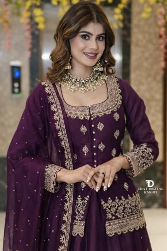 Image of Suppar Sleave Women's Chanderi Silk Embroidered Kurta Set with Lehenga Style Bottom & Dupatta | Bollywood Style Embroidery lehenga Choli Set For Woman