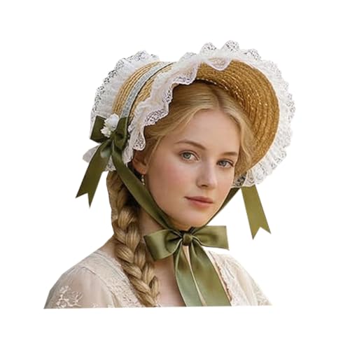 Victorian Womens Tea Party Sun Hat Lolita Bows Florals Flat Straw Hats Womens Wide Brim Sun Hat with Wind Lanyard Green