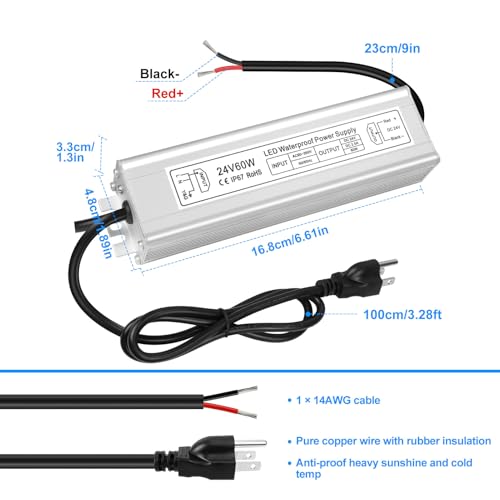 Image of LED Driver 60W 24V Power Supply, IP67 Waterproof Low Voltage Transformer, AC 90-265V to DC 24V 2.5A Converter for Outdoor Landscape Lighting and LED Strip Lights, with 3-Prong Plug 3.3FT Cable