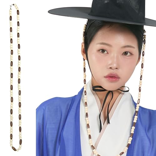 LEESLE Korean Hanbok Gat Hat String &ndash; Wooden Beaded Strap with Turquoise Brown Beads Traditional Costume Accessory 4 Colors (Ivory)