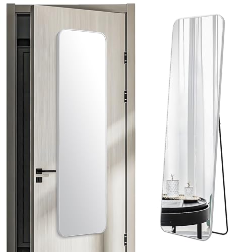 Image of 57x16 Door Hanging Full Length Mirror, Floor (Height 5.7ft just Body in 1.3ft) or Wall Mounted Metal Frame Rectangle Dressing Mirrors for Bathroom Bedroom Living Room 57 inch Silver