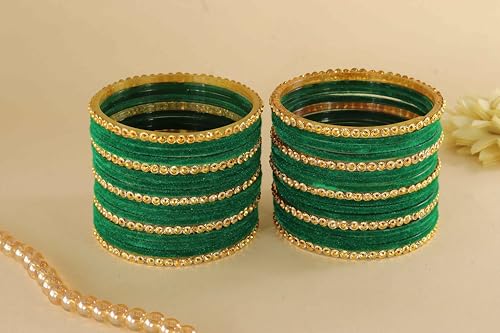 Image of NMII Premium Glass & Golden Beads Velvet Bangle Set For Women and Girls | Velvet Chudi | Traditional Chudi Set | Designer Girl's Bangles Bracelet | Wedding, Party, Festive, Daily- Set of 34