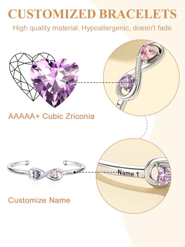 Custom4U Personalized Infinity Bracelets for Women Stack Silver Cuff Bracelet with 2 Birthstones & Names Engraved Adjustable Jewelry Gifts for Women Her Non Tarnish