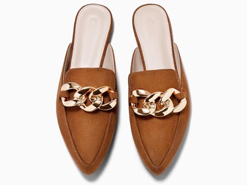 Image of Juliet Holy Womens Mules Flats Pointed Toe Backless Loafers Slip on Metal Chain Slides