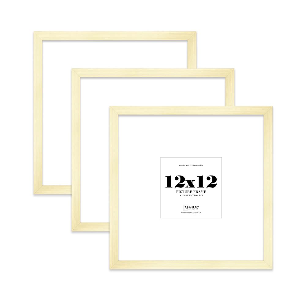 12x12 Gold Picture Frame with Large Mount for 5x5 Photos, Prints - Modern Square Wall Frame, Set of 3