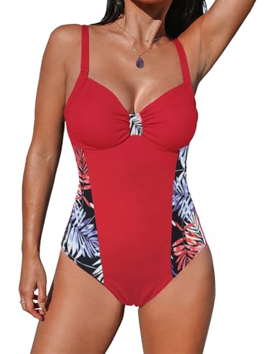 JFAN Mujer Traje de baño de una Pieza Verano V Ropa de Sin Espalda bañador Monokini con Lazo One Piece Bañador para Mujer Hoja roja XL