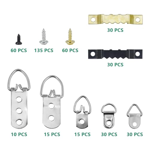 Image of 450pcs 7size Picture Hangers, D-Ring and Sawtooth Hangers Heavy Duty Assorted Kits with Screws for Picture Frame, Canvas Painting, Clock, Artwork Clipboard Hanging Wall Mounting
