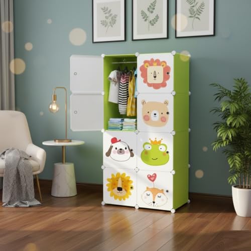Image of KRISHYAM Kids Modular Storage Cabinet with Cartoon Animal Doors, 8 Cube Plastic Wardrobe Organizer, DIY Closet System with Hanging Rod, Toy & Clothes Storage (Green, 8 Box)