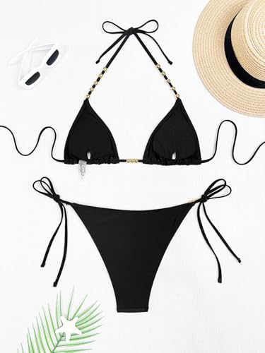 Image of Tainehs Women's Sexy Halter Thong Bikini Tie Two Sides Bottom Color Block SwimsuitsTriangle Bathing Suit