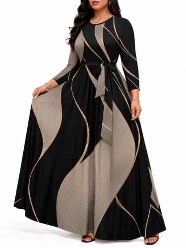 Image of PinkPatty Women's Long Sleeve Maxi Dress Plus Size Trendy Wedding Guest Dress with Pockets&Belt