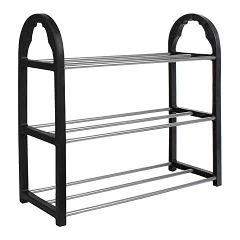 SPICOM 3 -Tier Shoe Rack | Mini Shoe Organizers | Aluminum Metal Shoes Rack | Footware Storage | Quick Assembly | No Tools Required | Stores Between up to 9 Pairs of Shoes | (Black) Cover