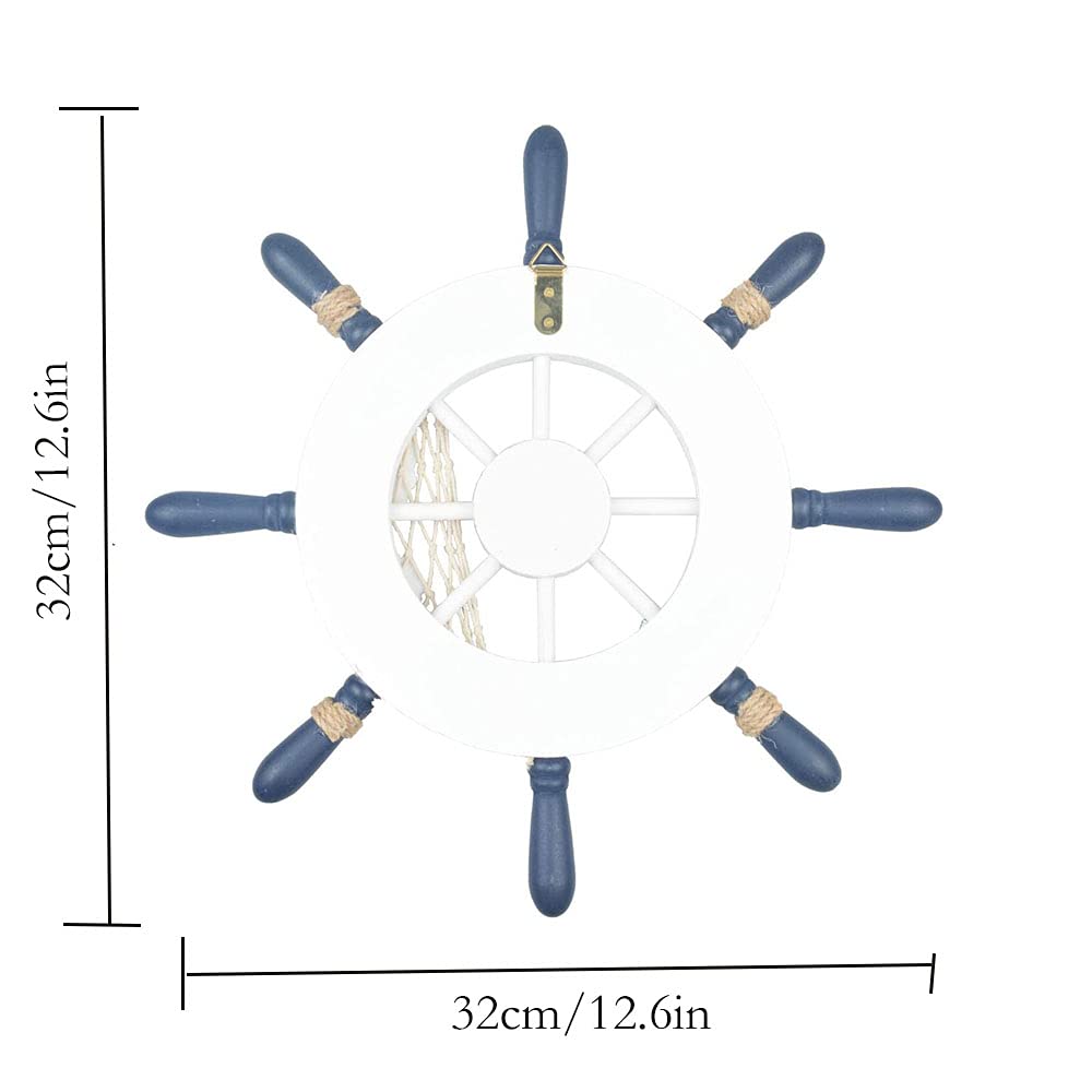 Statuetta Decorativa Nautica Timone In Legno | 33 Cm Con Rete, Pesci E Conchiglie | Arredo Marittimo - 4