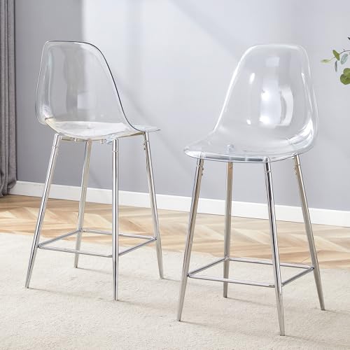 phosir Juego de 2 taburetes de bar acrílicos con estructura metálica plateada, asiento transparente, soporta hasta 150 kg, para mostrador, mostrador y hogar