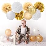 White Gold Party-Decorations Paper Flowers Lanterns - 15PCS Engagement Birthday Graduation Wedding Tissue Pom Poms Streamers,Neutral Bachelorette Baby Bridal Shower Hanging Supplies Decor Hugfond - Image 4