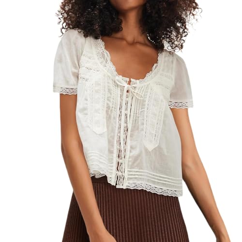 Women Tie Front Lace Trim Top Short Sleeve Semi Sheer Button up Shirt Y2k Ruffle Flowy Boho Blouse