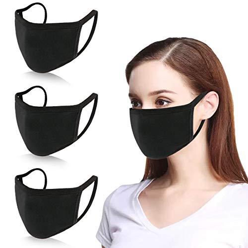 KISSBUTY 3 Pack Mouth Mask Teens Women Anti Dust Face Mask Cotton Mouth Mask, Black 3 Layers Cotton Face Mask for Cycling Camping Travel, Women or Teens 12 to 16 Years (3)
