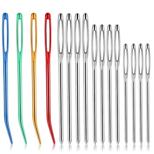 16 agujas de hilo de ojo grande para ganchillo, de aluminio, agujas de coser de ojo grande, aguja roma de ojo grande y aguja de tapiz doblada, aguja de tejer afilada a mano con funda para proyectos de