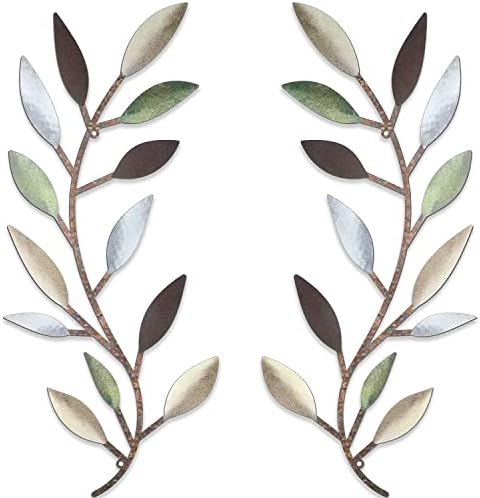 Pluxen Metal Wall Art Decor, Tree Leaf Sculptures Vine Olive Branch Iron Art Set of 2 for Porch Bedroom Living Room Garden Office Outdoor 15.7x7 Inch (Colorful)