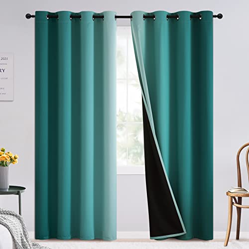 Image of SimpleHome 100% Blackout Ombre Bedroom Curtains Teal and Greyish White,84L | Room Darkening Curtains,Thermal Insulated Grommet Window Drapes and Curtains for Living Room,2 Panels, 52x84 inches Length