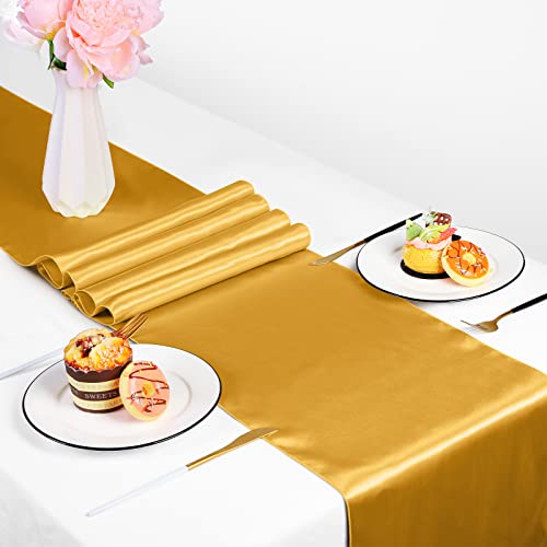 Fittmo 12 Packs Satin Table Runner 108 X 12 Inch Bright Silk Satin Table Runner Smooth Wedding Table Runner For Banquet, Party Decoration, Gold #TOP3