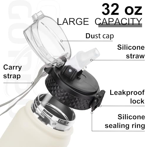 GOPPUS 1L/32oz Stainless Water Bottle with Straw Double Wall Insulated Bottles with Strap Reusable Vacuum Thermal Flask Leakproof Keep Cold Drinks Bottles with Flip Top Lid for Gym Men Women BPA Free - Image 3
