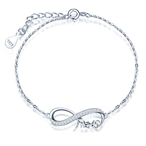 INFINIONLY Pulsera de plata esterlina 925 para mujer, símbolo infinito y elemento"Friends", incrustaciones de circonita, plata, Regalos de cumpleaños, Navidad y San Valentín