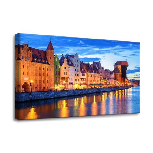 Pacimo Canvas Wall Art Wisla River Landscape Pictures Prints Giclee Poster Gdansk Poland Cityscape Modern Artwork for Walls Painting Home Office Wall Decor Stretch and Framed Ready to Hang 12"x18"