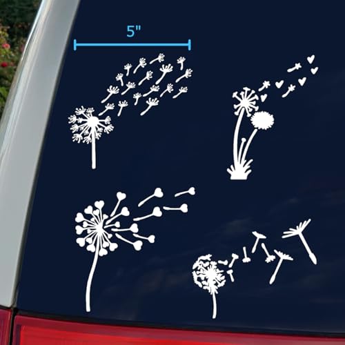 Image of Dandelion Blowing Decal 4 Pack: Blowing Dandelion Decals, Dandelion Flower, Dandelion Decals for Car Tumbler Laptop (White, Large ~5 inch)