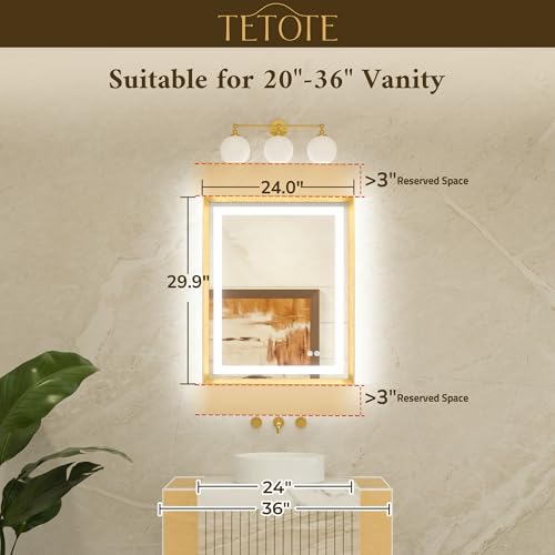 TETOTE 24 x 30 Large Bathroom Mirror Brushed Bright Nickel Metal Frame Frontlit & Backlit Vanity Mirror 3 Colors White/Warm/Natural Stepless Dimmable Anti-Fog Bathroom Mirrors for Vanity Wall-Mounted
