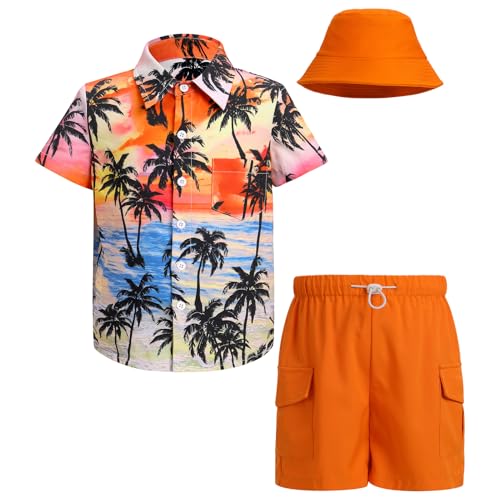 Image of IBTOM CASTLE Boys Hawaiian Button Down Shirts and Short Sets with Bucket Hat Kids Summer Vacation Outfits Tropical Shirt