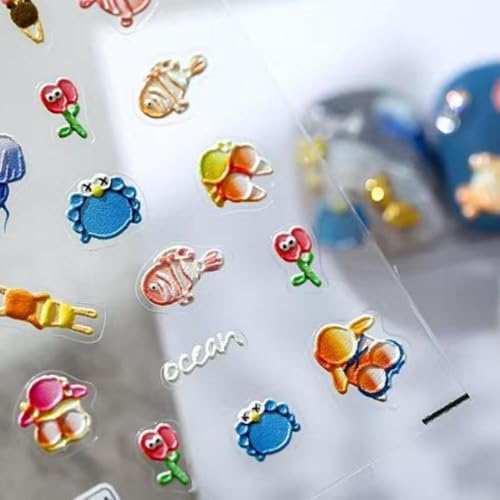 Image of 5D Embossed Summer Nail Stickers Colorful Cartoon Nail Art Decals Fish Crab Nail Stickers for Nail Art Self Adhesive Cute Swimming Design Manicure Supplies Charm for Women DIY Decorations Accessories