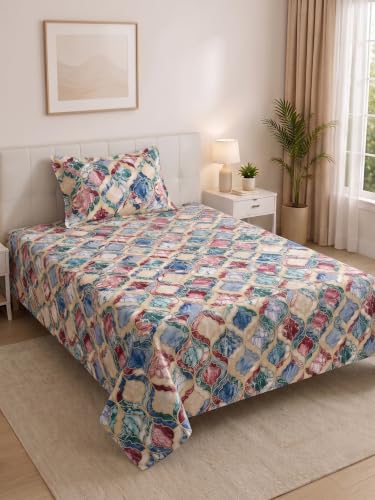 Image of Mafatlal 130 GSM Pearl Single Size Bedsheet with 1 Pillow Cover | 60 x 90 Inches | Premium Soft Microfiber Fabric | Breathable, Lightweight, Fade Resistant, Easy Care Bedding Set | Multicolor.