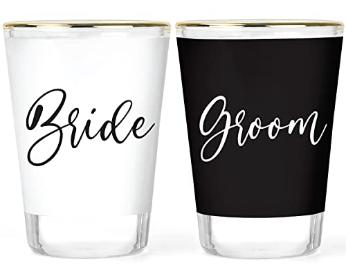 Shot Glasses Bride and Groom - Wedding Shot Glasses - Bride & Groom Gift - Gift for the Newlyweds - Matching Gift Glassware Set - 2 Matching Shot Just Married Gift Set Ideas - 1.5 ounce Gold-rimmed