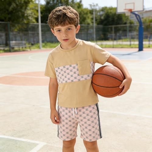 Image of Ayzozuy Boy Clothes Colorblock Top + Drawstring Waist Shorts 2 Pieces Kid Summer Outfits Set