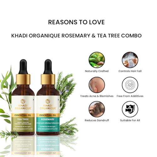 Image of Khadi Organique Rosemary Essential Oil & Tea Tree Essential Oil Combo For Potential Hair Growth, Hair Fall Control & Reduce Dark Spots | Therapeutic Grade Essential Oils for all Skin Types - 2x15ml
